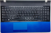 Клавиатура для ноутбука Samsung NP300E5A черная, верхняя панель в сборе (голубая)