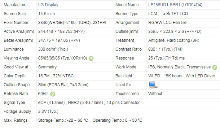 Матрица для LG  LP156UD1-SPB1  15,6 матовый дисплей 3840*2160 4K UHD 100  тонкий светодиодный экран драйвера для ноутбу