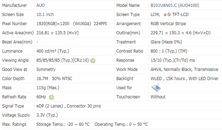 B101UAN01.C 1920 × 1200 IPS 50% NTSC eDP 30 контактов 400 кд/м² коэффициент яркости 800:1 10,1 