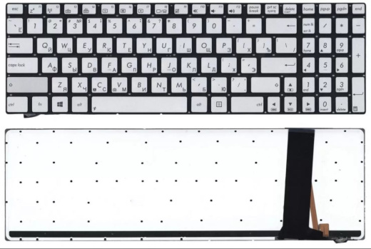 Клавиатура для ноутбука Asus N56DP, N56DY, N56VB, N76vz, N56VJ, N56VM, N56VZ, N76VB, Q550, Q550L, Q550LF, N550, N750 серебряная, без рамки, с подсветкой