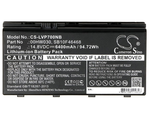 Аккумулятор CameronSino CS-LVP700NB для ноутбука Lenovo ThinkPad P70, 14.8В, 6400 мАч, 94.72 Вт, Li-ion, черный
