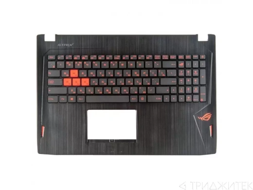 Клавиатура для ноутбука Asus GL502VY с топкейсом, черная, черные кнопки, 4 кнопки оранжевого цвета, оранжевые буквы, с динамиками, с подсветкой с креплением под HDD