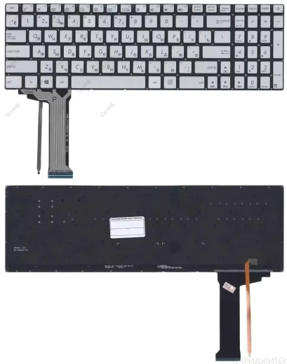 Клавиатура для ноутбука Asus N551, N751, G551, G771 серебряная, без рамки, с подсветкой