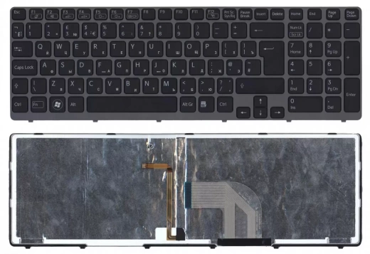 Клавиатура для ноутбука Sony Vaio SVE15 черная с серой рамкой и подсветкой