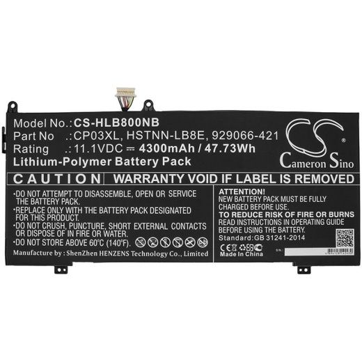 Аккумулятор CameronSino CS-HLB800NB для ноутбука HP Spectre 13-ae006no X360, Spectre x360 13 Convertible, 11.1В, 4300 мАч, 47.73 Вт, Li-Polymer, черный