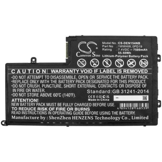 Аккумулятор CameronSino CS-DEN154NB для ноутбука DELL INS14MD-1328R, 7.4В, 7500 мАч, 55.5 Вт, Li-ion, черный
