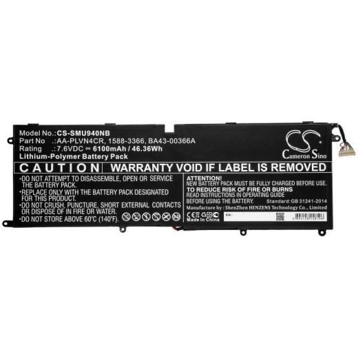 Аккумулятор CameronSino CS-SMU940NB для ноутбука Samsung Ultrabook 940X3G, 7.6В, 6100 мАч, 46.36 Вт, Li-Polymer, черный