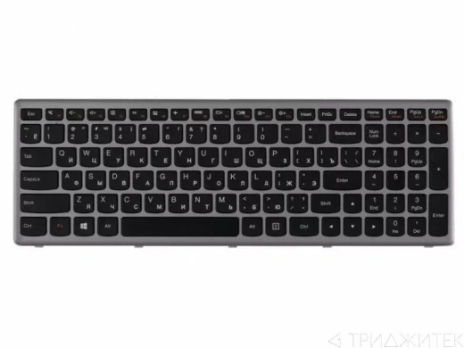 Клавиатура для ноутбука Lenovo IdeaPad P500, Z500, черные кнопки, серая (серебристая) рамка, горизонтальный Enter