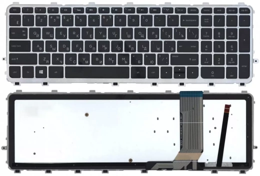 Клавиатура для ноутбука HP Envy 15-j000, черная с серебристой рамкой с подсветкой