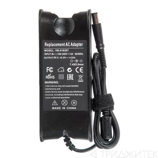 Блок питания (зарядное) для ноутбука Dell 19.5 В, 4.62 А, 90 Вт, 7.4x5.0 с кабелем, OEM