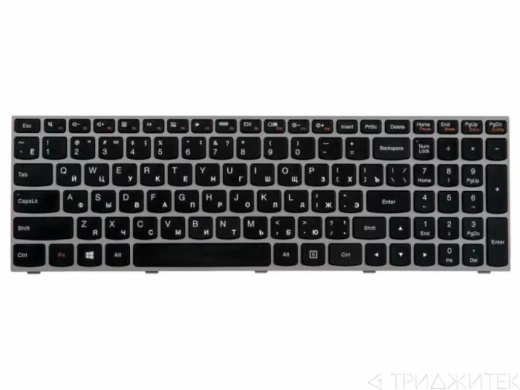 Клавиатура для ноутбука Lenovo IdeaPad G50-30, G50-45, G50-70, G50-80, G70-70, G70-80, G5030, G5045, G5070, E50-70, M50-70, Z50-70, Z50-75, Z5070, Z5075, Z70-80, черная с серой-серебристой рамкой, горизонтальный Enter